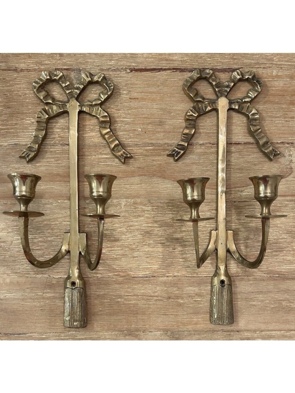 Pair Vintage Brass Bow and Tassel Double Taper Candles Holder Wall Sconces 12” H